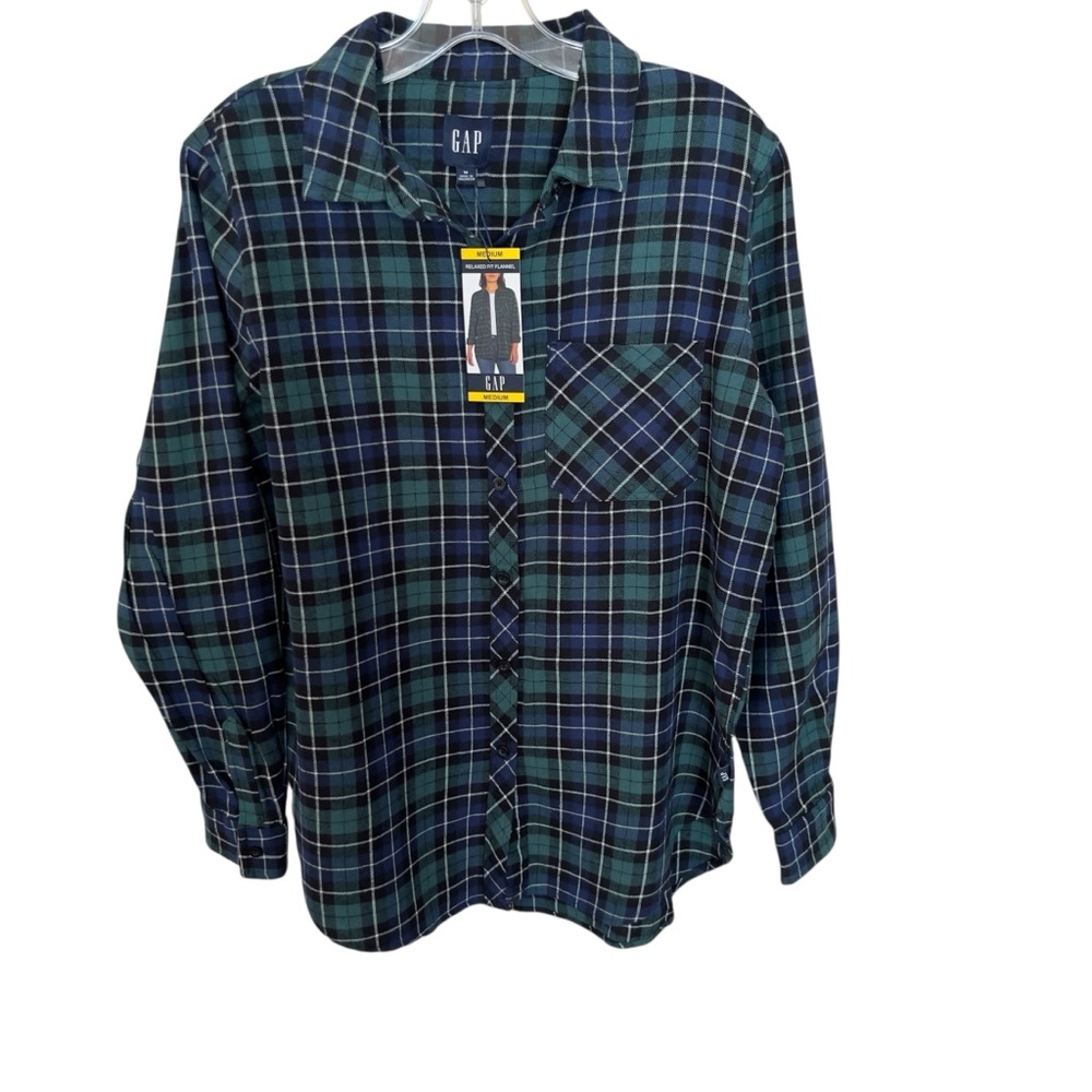 GAP Women’s Soft Blue Green Plaid Flannel Long Sleeve Button Down Shirt Size M